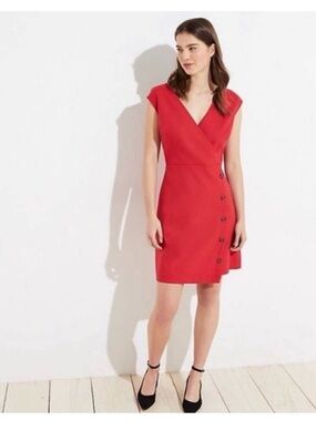 Ann Taylor Loft Red V-Neck Cap Sleeve Button-Accent Dress